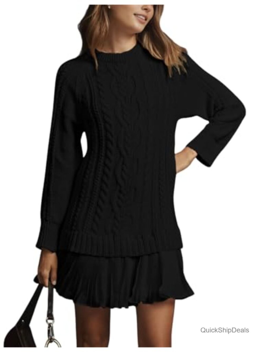 Cable Knit Sweater Dress Long Sleeve Pleated Mini Twofer Pullover